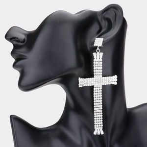 5" Cross Oversized Silver Plated Earrings
